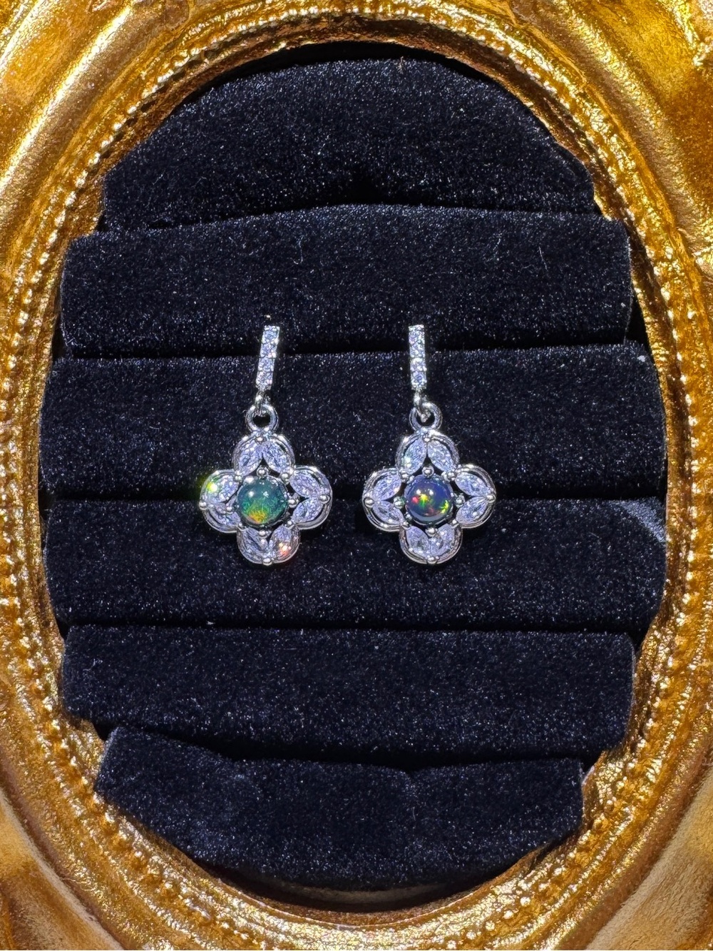 Black Opal Clover CZ Earrings S925 Silver Posts Vintage Floral